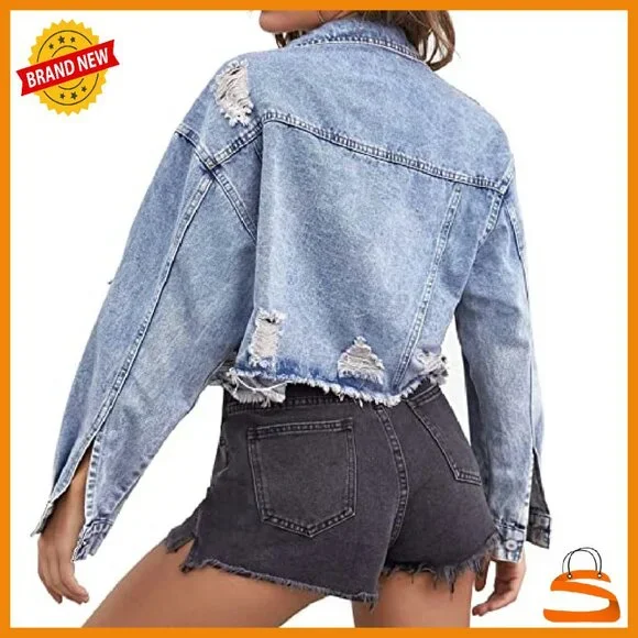 Cropped Denim Jacket Distressed Ripped Frayed Long Sleeve Button Up
